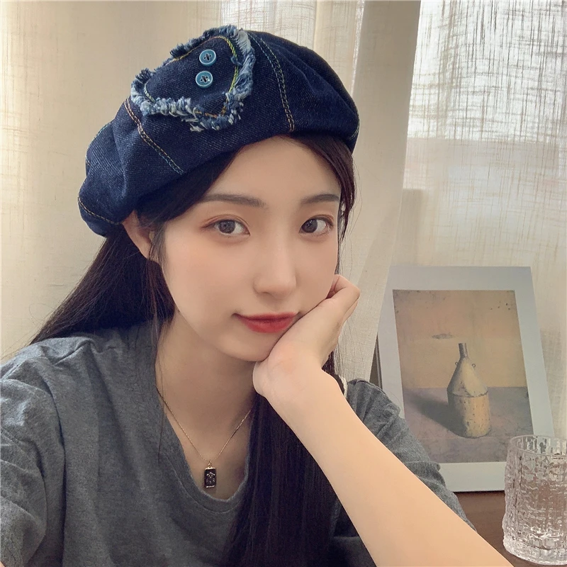 

Japanese Retro Denim Berets Hat Love Button Sweet Girly Painter Caps Summer Leisure Wild Travel Shooting Women's Hats Gorras