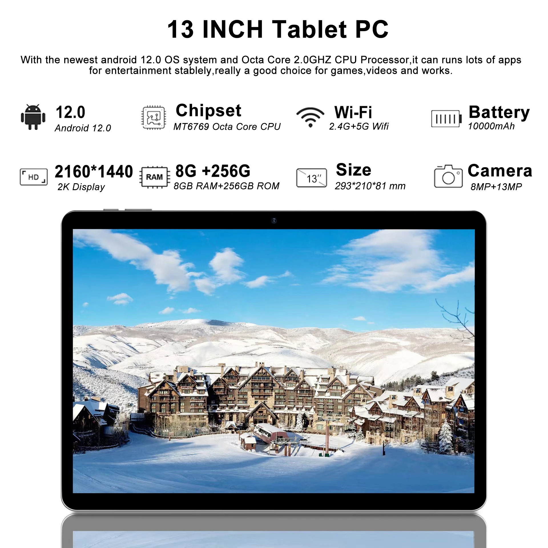 2024 New 13 Inch Large Screen 2160*1440 IPS 10000mAh Battery 8GB+256GB Phone Call 5G WIFI Google Play tablet Laptop Kids tablet 2
