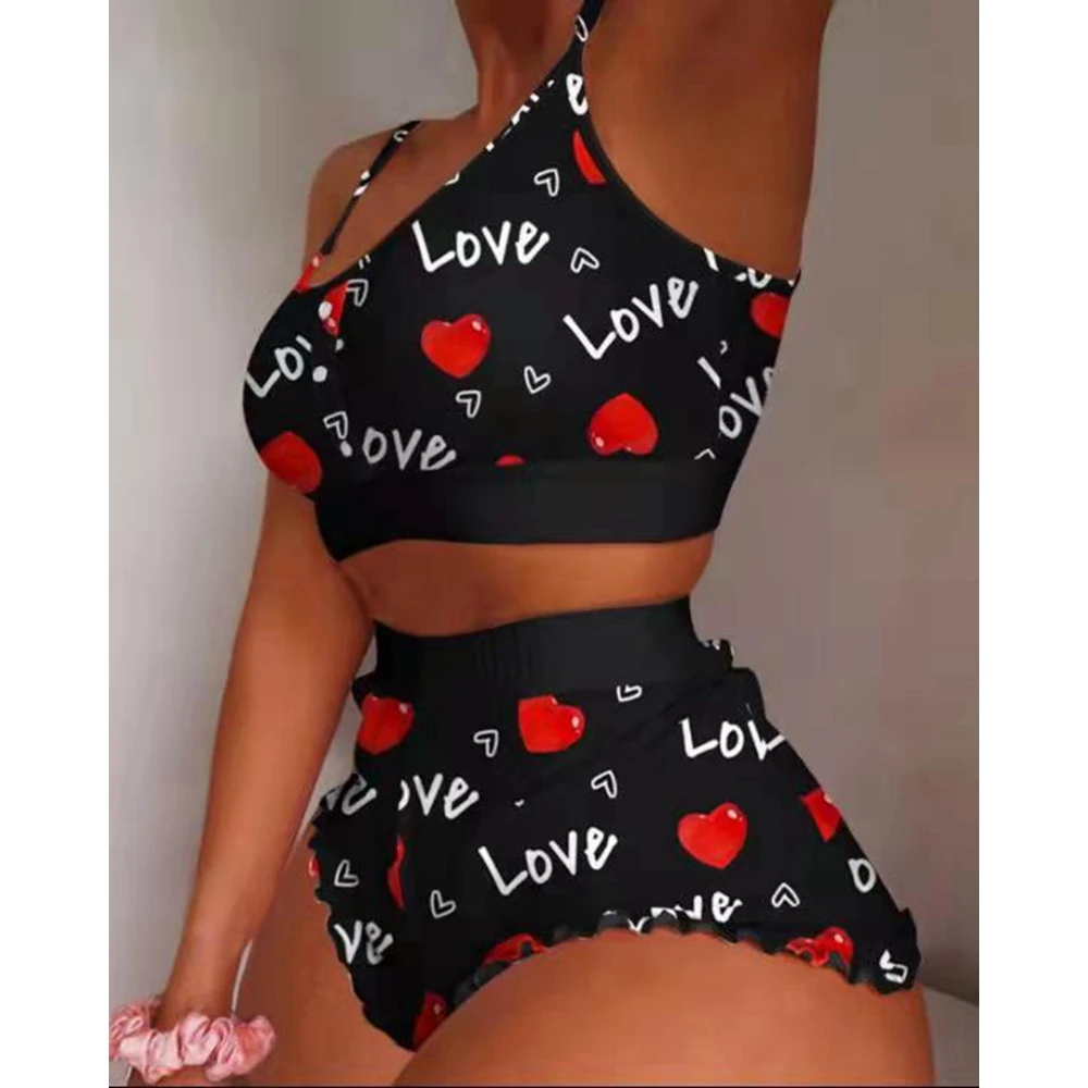 Women Spaghetti Strap Buttoned Decor Crop Top & Short Sets 2 Pieces Casual Camouflage Print Pajamas Set Y2k Lady Home Sleepwear