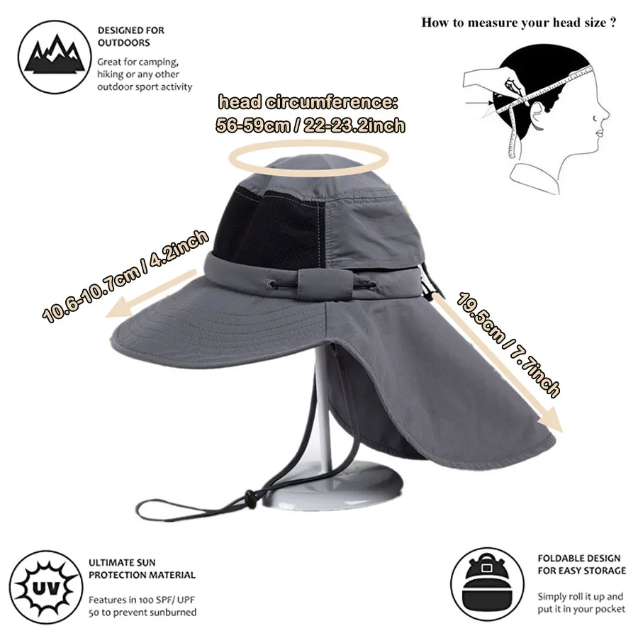 UPF 50+ Sun Hat Wide Brim Fishing Hat with Neck Flap Breathable Boonie Hat  Bucket Cap - AliExpress