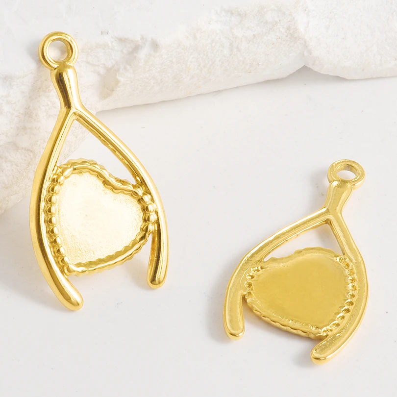 5 Stück geometrische Cabochon-Basisfassung Tablett leer PVD Charm Herz Kreuz Blume DIY Edelstahl Anhänger für Schmuckherstellung Bulk – Detail 2