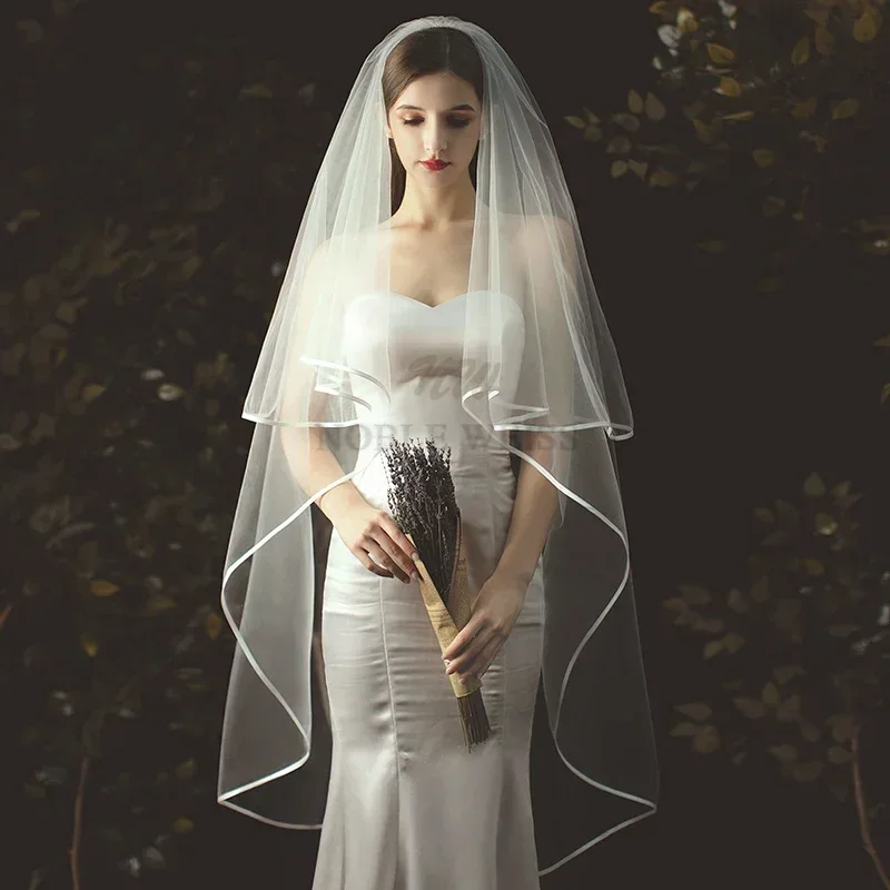 Wedding Veil Short Tulle Ribbon Edge Bridal Veils Two Layer Bride Veils Customized 2T bridal veil