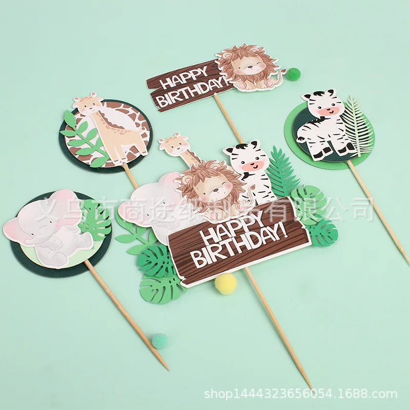 Wild Amimals Cake Topper Safari Jungle Animal Cake Flag Palm Leaves Boy Girl Birthday Party Decoration Kids Party Cake Decor