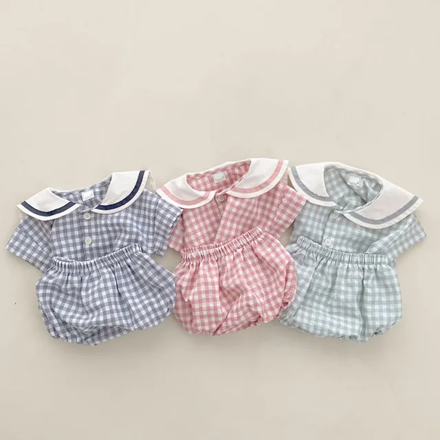 Baby Girl Fashion Turn-down Collar Smiley Print Single Breasted Shot Sleevs T-shirt Boy Simple Plaid Loose Cotton Shorts Set