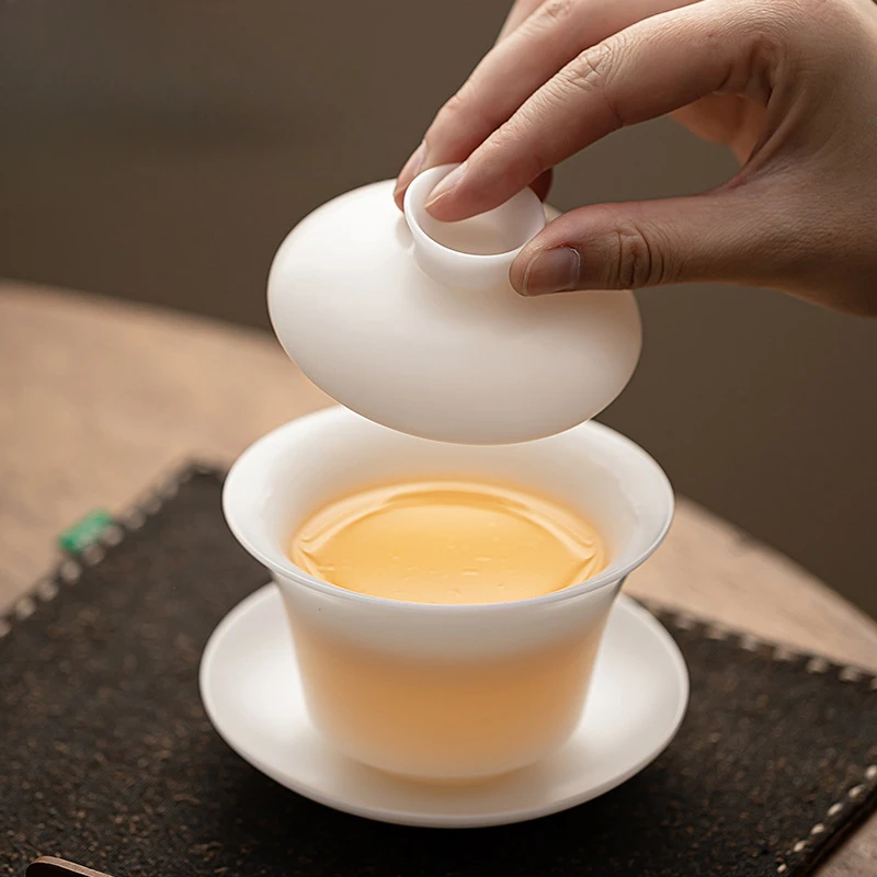 150ml Burnt Mutton Fat Jade White Porcelain Gaiwan Japanese Tea Tureen Tea Cover Bowl Ceremony Supplies Teaware Gift Box