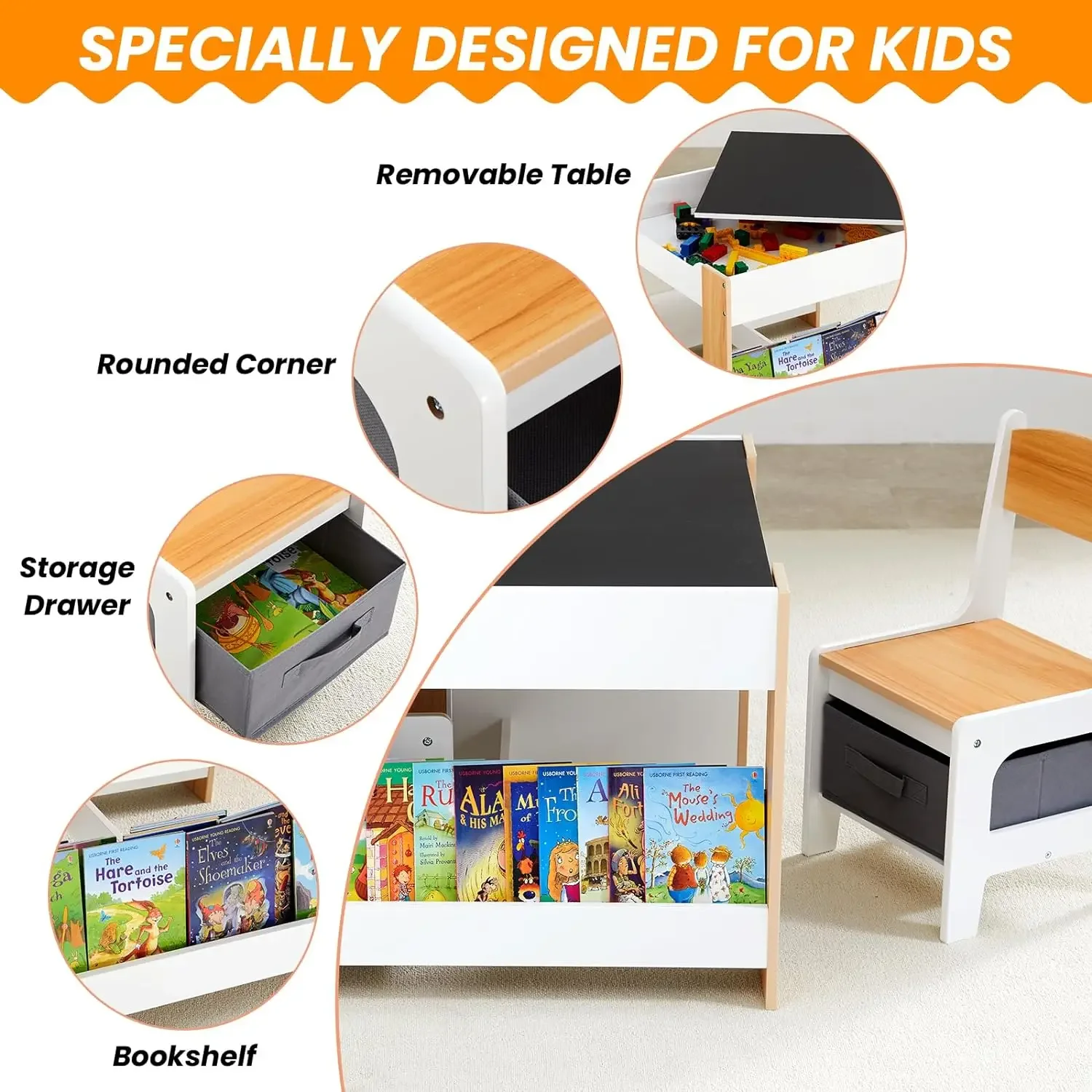 Kids Table and Chair Set,4 in 1 Toddler Desk with Storage Drawer,Wooden Activity Table for 2 in 1 Detachable Tabletop,Bo 4