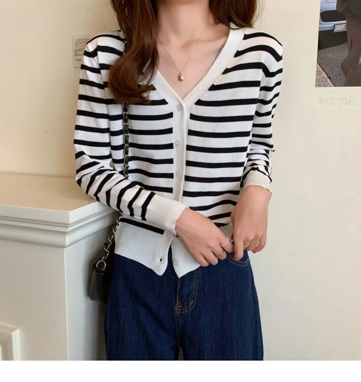 Yasuk Spring Autumn Winter Fashion Casual Zipper Women's Slim Versatile Coat Gentle Female Striped Button Down Cardigan