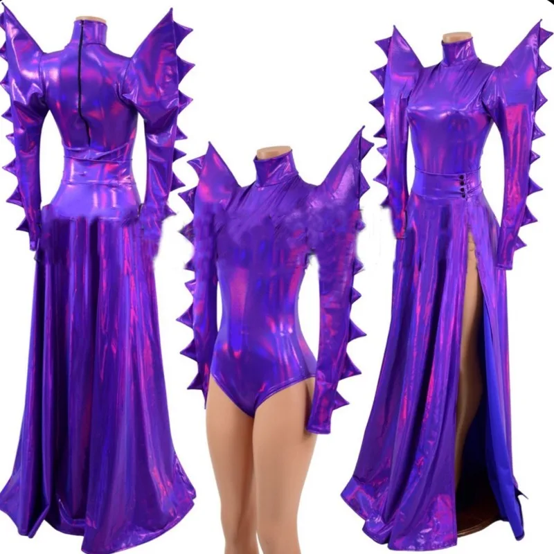 

New Sexy Purple Laser Exaggerated Shoulder Bodysuit Dress Nightclub Ds Dj Gogo Wear Pole Dance Outfit Drag Queen Costume