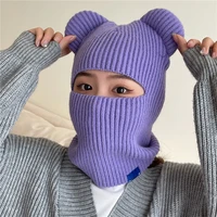 Elastic Guard Balaclava Hooded Hat Knitted Eyes Exposed Cap Bear Ears Outdoor Warm Riding Windproof Integrated Scarf Beanie Hat 4