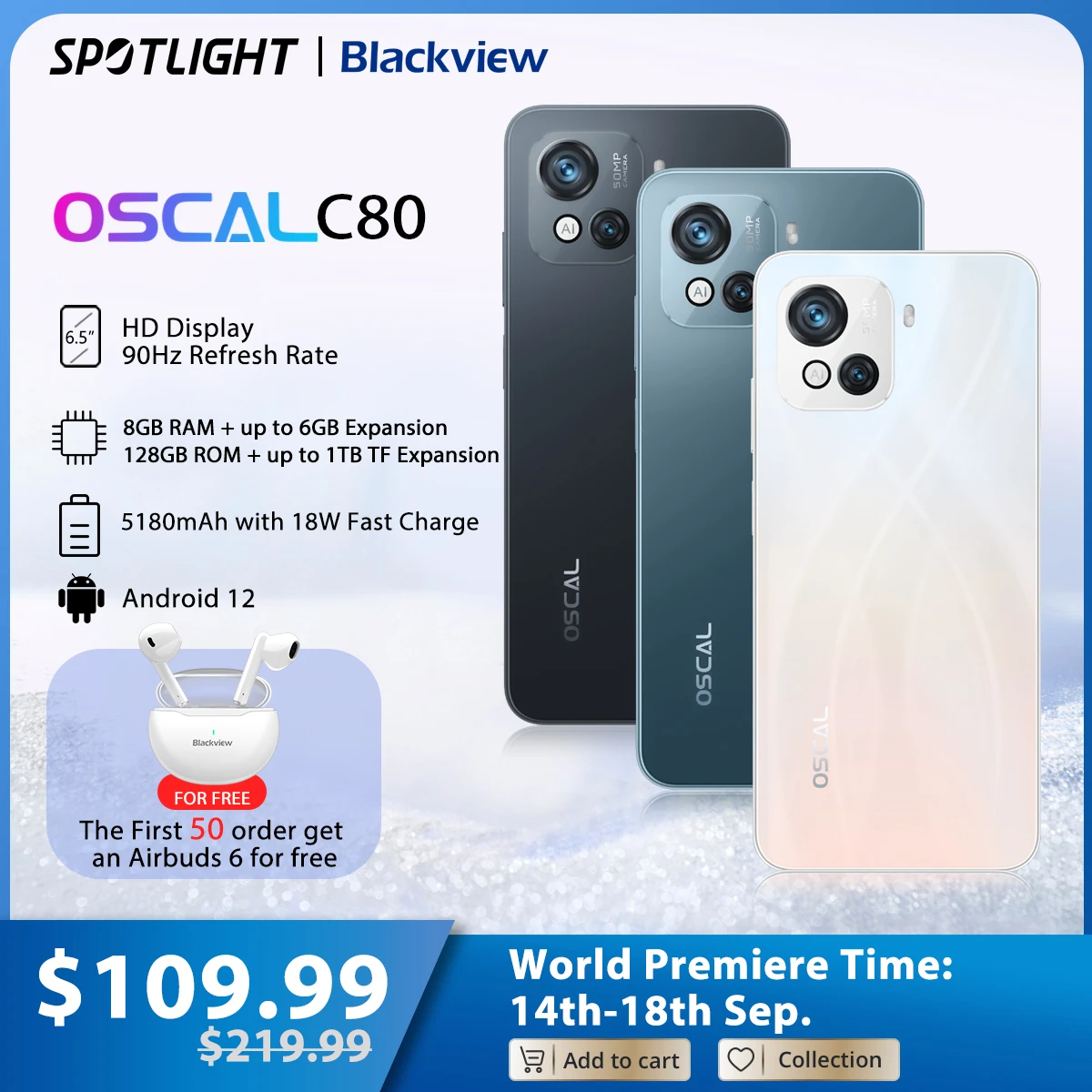  【World Premiere】Blackview Oscal C80 Smartphone 8GB+128GB Octa Core Android 12 50MP Camera 5180mAh Cellphone Fast Charging 
