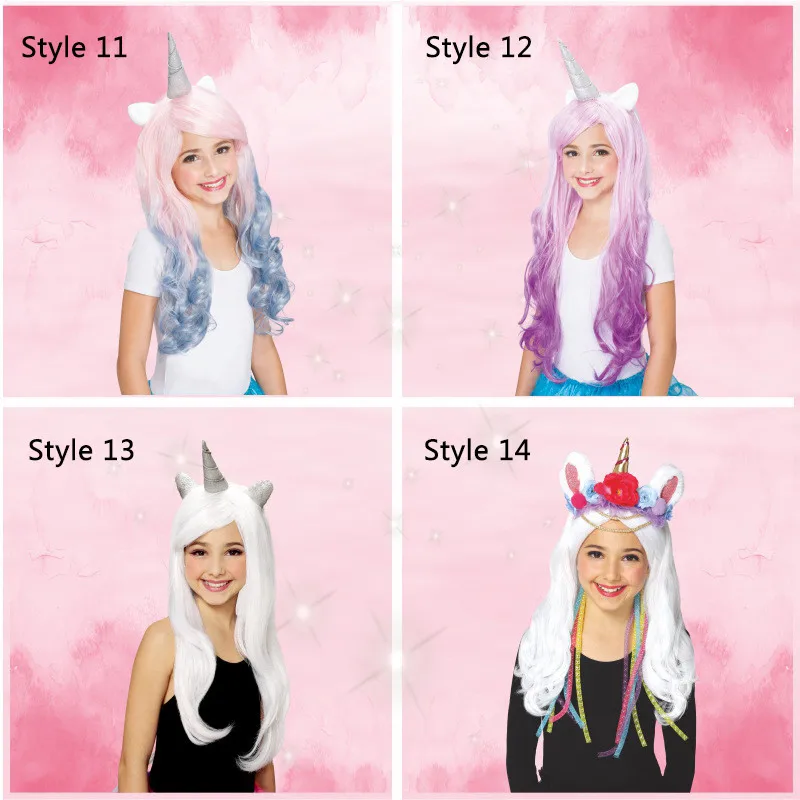 Rainbow Unicorn Wig Girls Kids Long Fake Hair Cosplay Cartoon Accessories