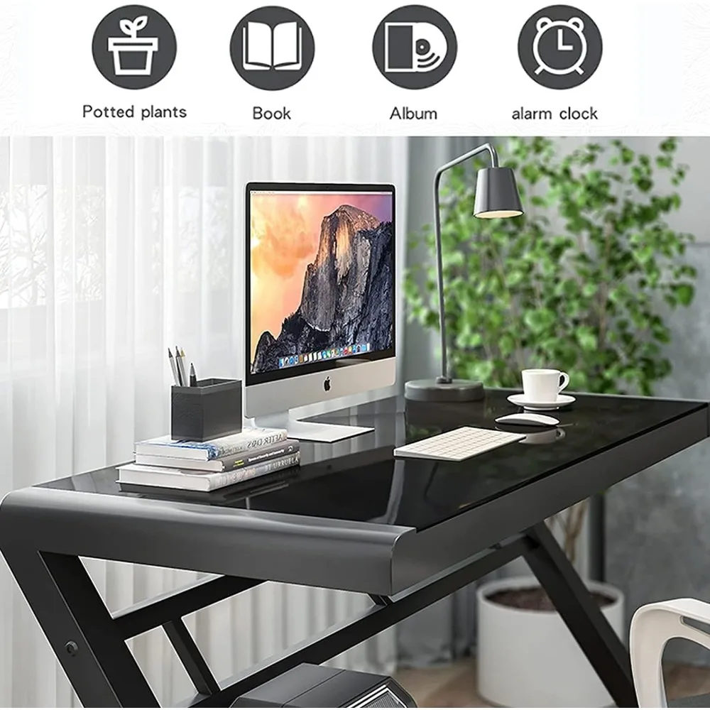 Computer Desk Home Office Desks, 55.1 Inch Modern Simple Office Black Glass Desk Computer Table Study Gaming Writing Desk, Fash 6