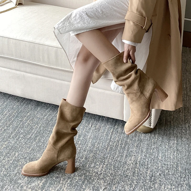 

Women's Shoes 2022 Autumn and Winter New Mid-tube High-heeled Western Cowboy Boots Pleated Thick Heel Fashion Knight Boots
