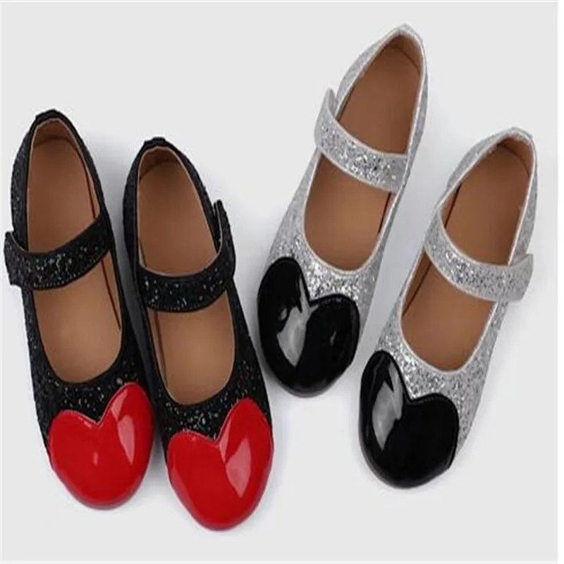 Girl's Mary Janes Love Heart Glitter Stylish Sparkly Children Ballet Flats Sliver Black 21-30 Sweet Spring Elegant Kids Shoe mary janes spring elegant kids shoe girl s sweet love heart glitter stylish sparkly children ballet flats sliver   21 30