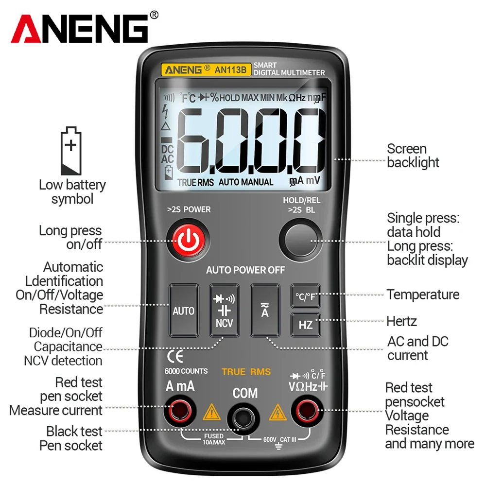 ANENG AN113B Digital Multimeter True RMS with Temperature Tester 6000 Counts Auto-Ranging AC/DC Transistor Voltage Meter digital multimeter multimeter tester