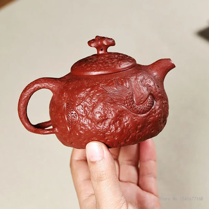 Yixing Purple Clay Pot Handmade Teapot, Dragon Pattern, Handmade Kongfu Tea Pot, New Chinese Original Mine Dahongpao, 220cc, 1Pc