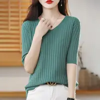 2025 New Spring Summer New Women's V-neck Short-Sleeved Exquisite Cashmere Knitted Sweater Pullover Solid Color - Image 2