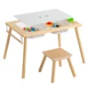 US Stock Children's Sensory Table with Stool, Kids Activity Table with 2 Storage Bins & 2 Pen Holders & Paper Roll,Wood 1