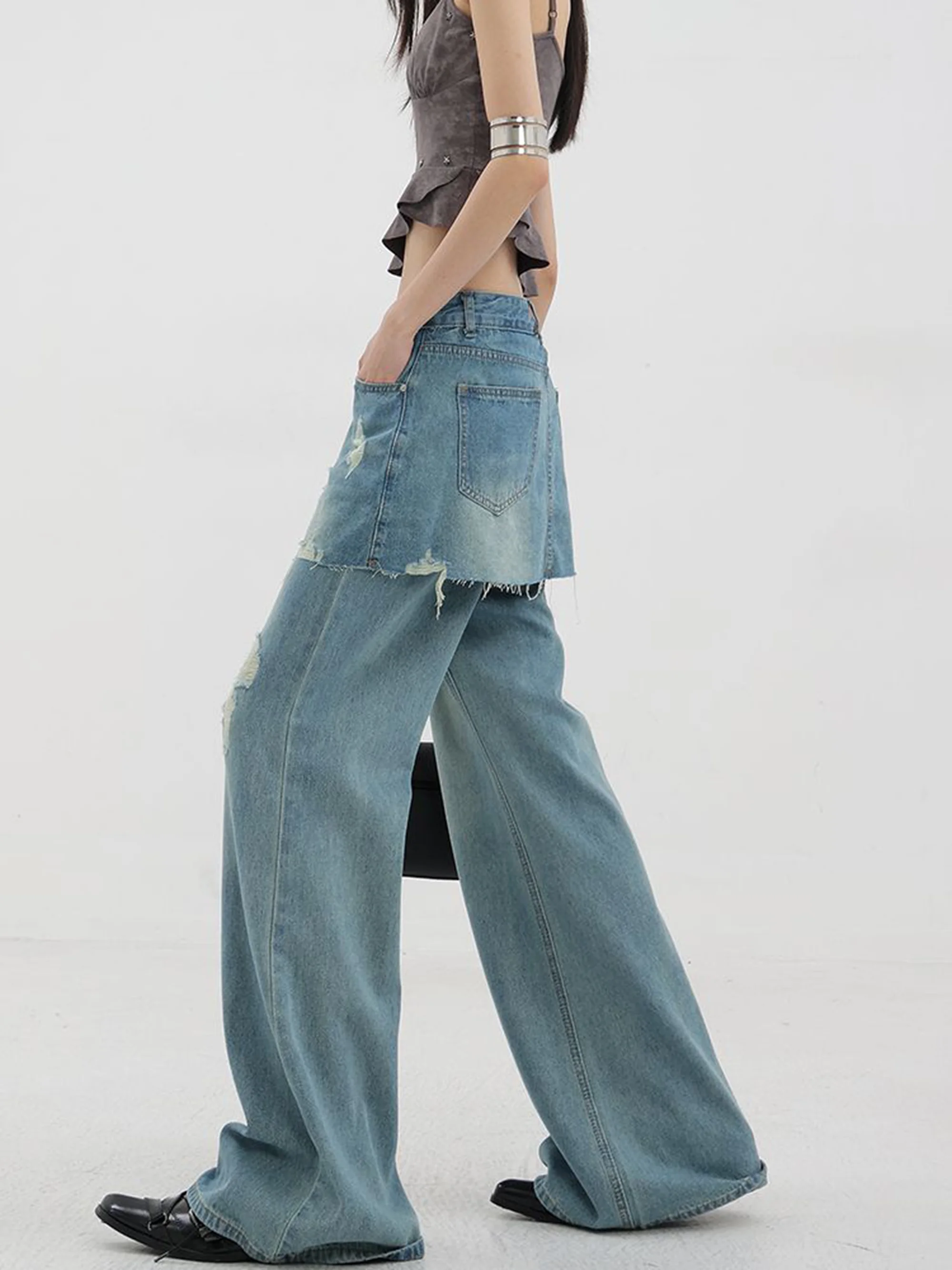 Jeans Fake Two Pieces Edge Whiskers Patchwork  Wrap-Around Wide High Leg Denim Pants Women Vintage Raw Rise Baggy Jeans Korean