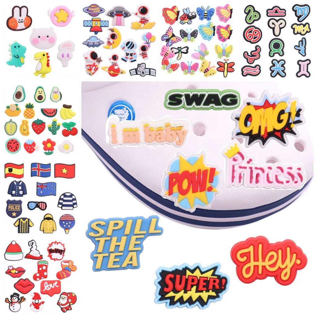 

50pcs Fruit Butterfly Astronaut PVC Shoe Charms Accessories for Clog Dinosaur Unicorn Garden Shoe Decorations Kids Gift