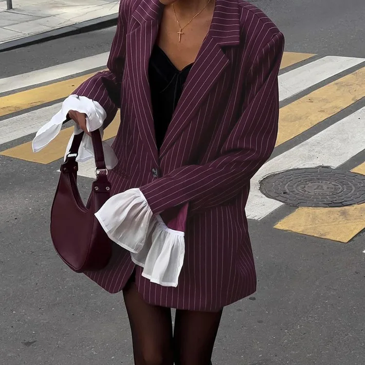 Lace Striped Suit Outwear For Women Patchwork Long Sleeve Lapel Fashion Commute Pocket Coat Ruffled Female Loose Blazer