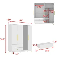 4-Door Wardrobe with Mirror & 2 Drawers, Armoire Wardrobe Closet with 2 Hanging Rods, Armoire Closet with Wooden Legs, Closet 2