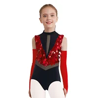 Girls Gymnastics Dance Performance Outfit Mock Neck Sleeveless Cutout Back Sparkling Sequins Color Block Leotard with Gloves - Image 3