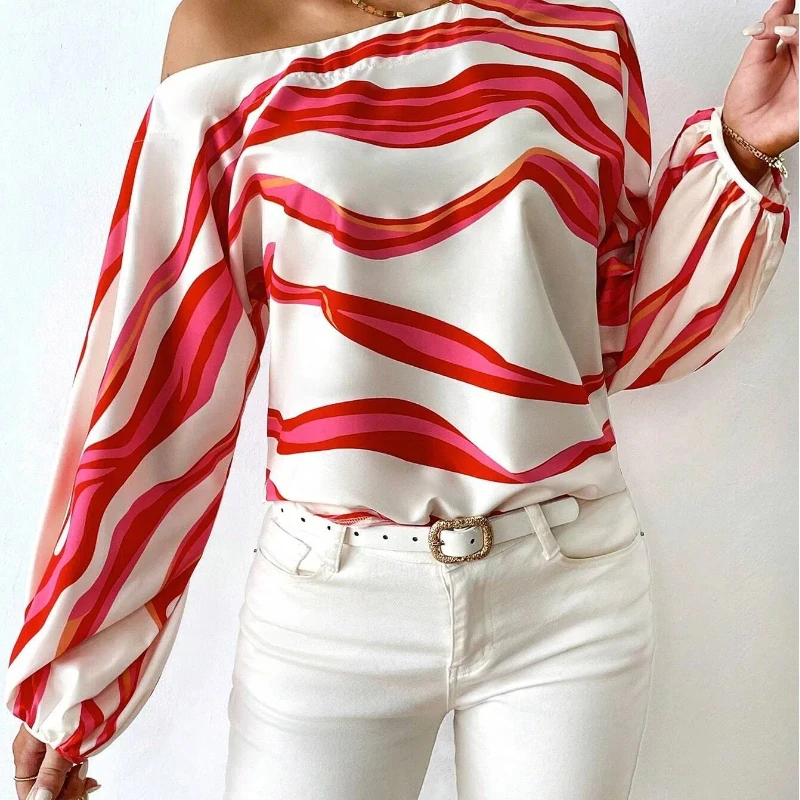 New women's clothing style off shoulder one collar printed loose top shirt 248