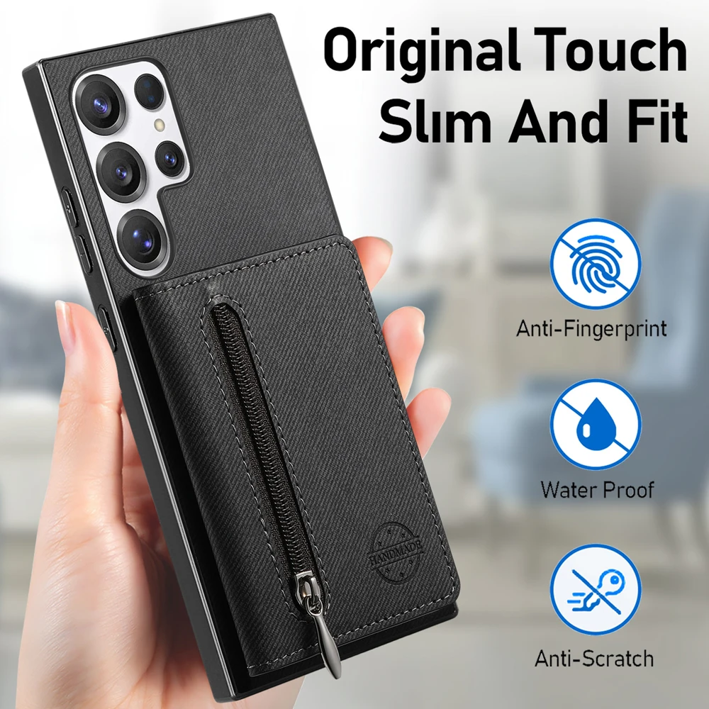 Zippered Leather Wallet Phone Case with Card Holder and Stand