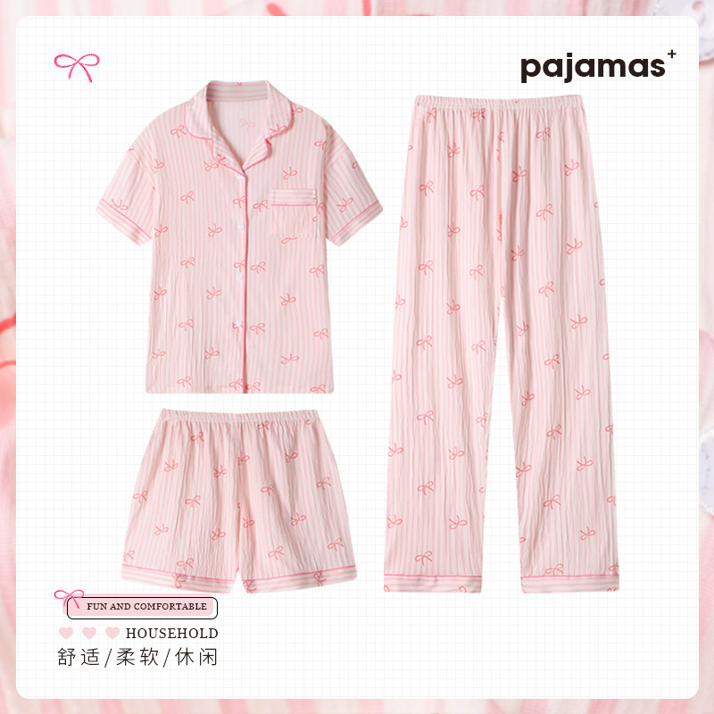 Spring and Summer New Ladies Korean Bow Pajamas Three-Piece Set of Girls Students Sweet Striped Short-Sleeved Pajamas Homewear