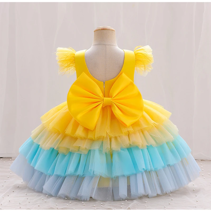 

2023 Prom Baby Girl Rainbow Pink Dress Ruffle Sleeve Kids Prom Mesh Princess Frocks Children Layer Tulle Clothes For 3 Years Old