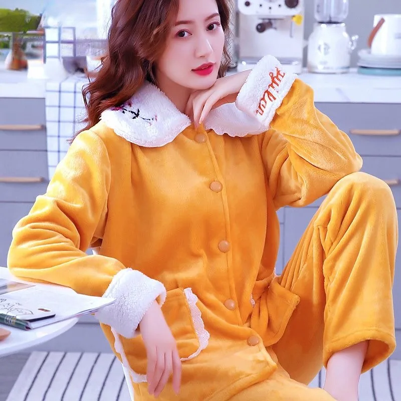 Новинка Осень-зима 2023, кардиган, утепленная Пижама, Женский фланелевый костюм, домашняя одежда, свободная Коралловая бархатная одежда для отдыха