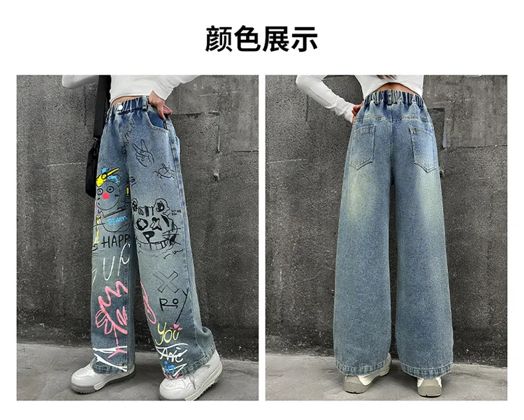 تصميم جديد للأطفال مطبوعة الهيب هوب الجينز للفتيات موضة عالية الشارع الشهير الدنيم السراويل الاطفال العصرية الكرتون الجينز السراويل 4-14T