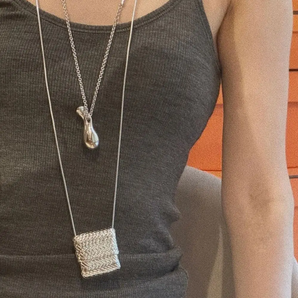Metal Long Necklace with Mini Bag and Water Bottle Pendants