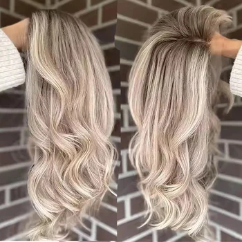 Parrucche 100% Capelli Umani con Mèches, Radici Scure, Biondo Cenere Ondulato, Parrucche Frontali in Pizzo 13x4 per Donne, Pre-Piumate