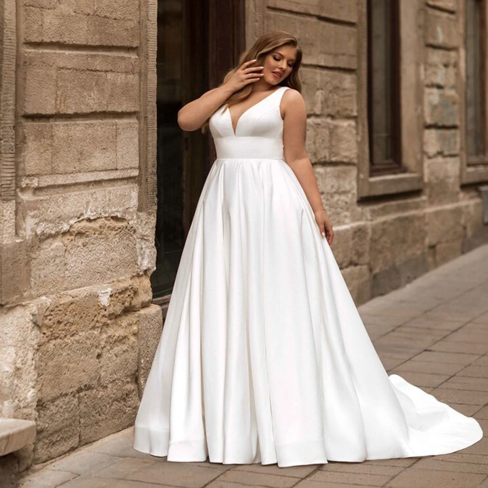

Classic V Neck Plus Size Wedding Dresses Satin A-line Bride Dress with Pockes Open Back Civil Bridal Gown Vestido de Novia