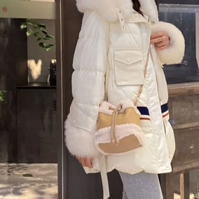 Plush Khaki Drawstring Bucket Handbag Women Panel Cloth Sweet Cute Shoulder Bags Ladies Soft Casual Versatile Crossbody Bag 2025