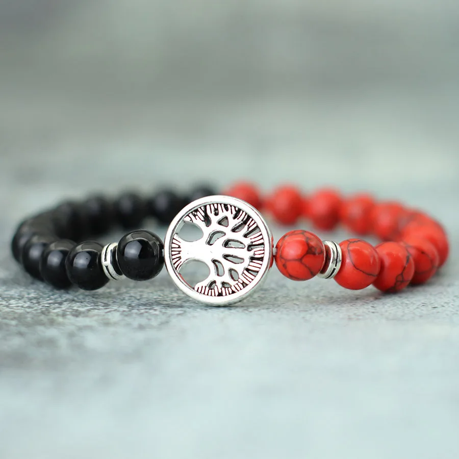 New Fashion Life Tree Bracelet For Men Bicolor Natural Tiger Eyes Obsidian Stone Braslet Lucky Red Howlite Charm Braclet Pulsera - Image 6