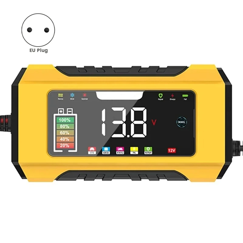 12V 자동차 배터리 충전기 6A LCD 디스플레이가 있는 완전 자동 배터리 충전기 리드 펄스 수리 충전기 EU 플러그 Yellow-A25R