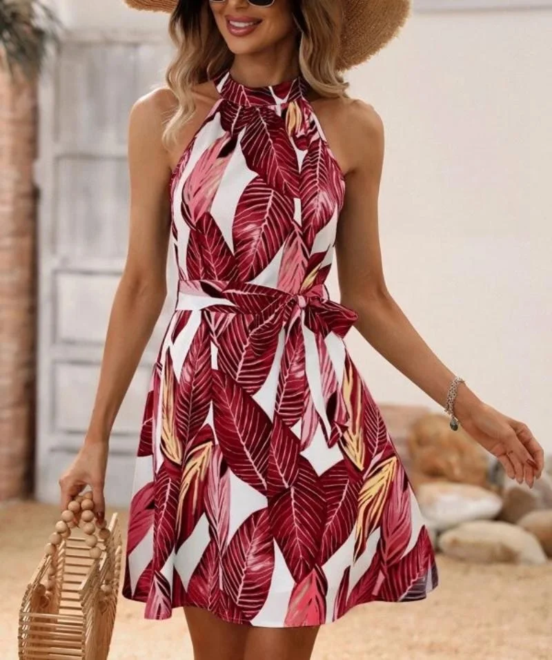 

Summer Plus Size Women's Leaves Printed Dress Ladies Fashion Halter Sleeveless Belt Boho Mini Dress Party Dresses sexy dress