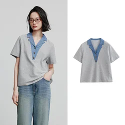 TOYOUTH Women's Colorblock Polo Collar T-Shirt - Summer Short Sleeve Top - S (Light Beige)