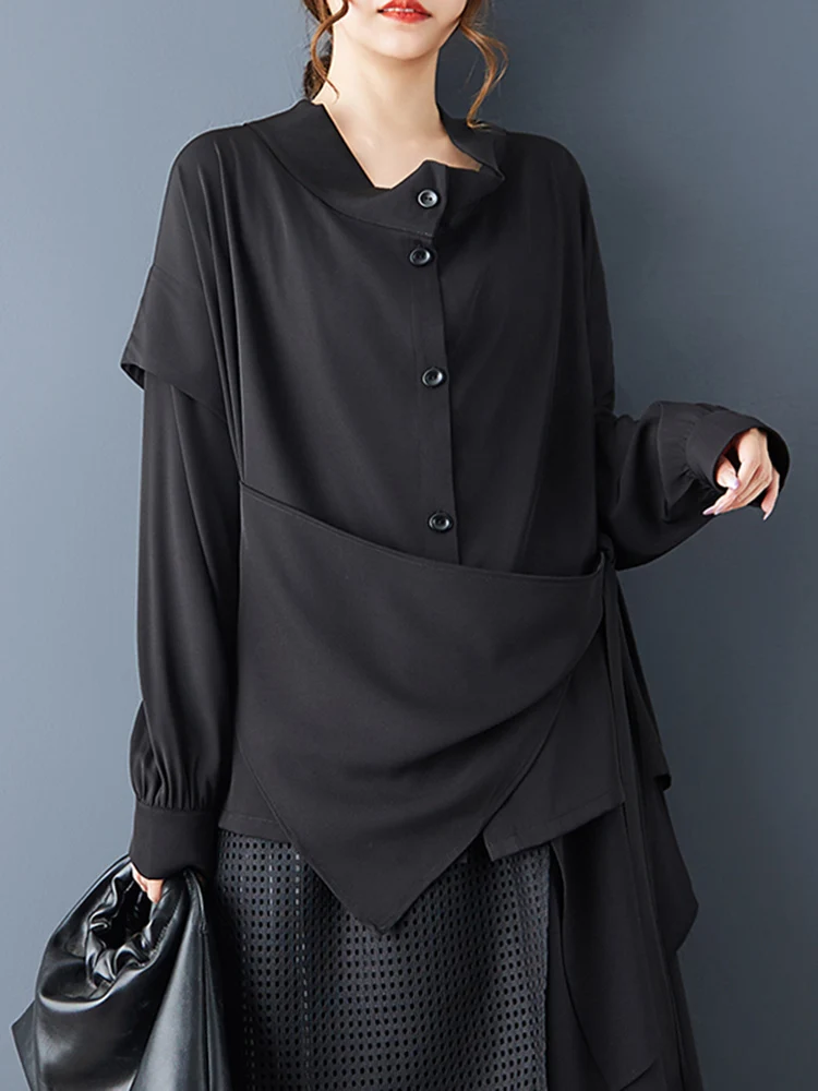 2025 Spring Autumn New Oversized Irregular Black Vintage Blouse Women Long Sleeve Loose Casual Shirt Top Lace-Up Fashion Clothes