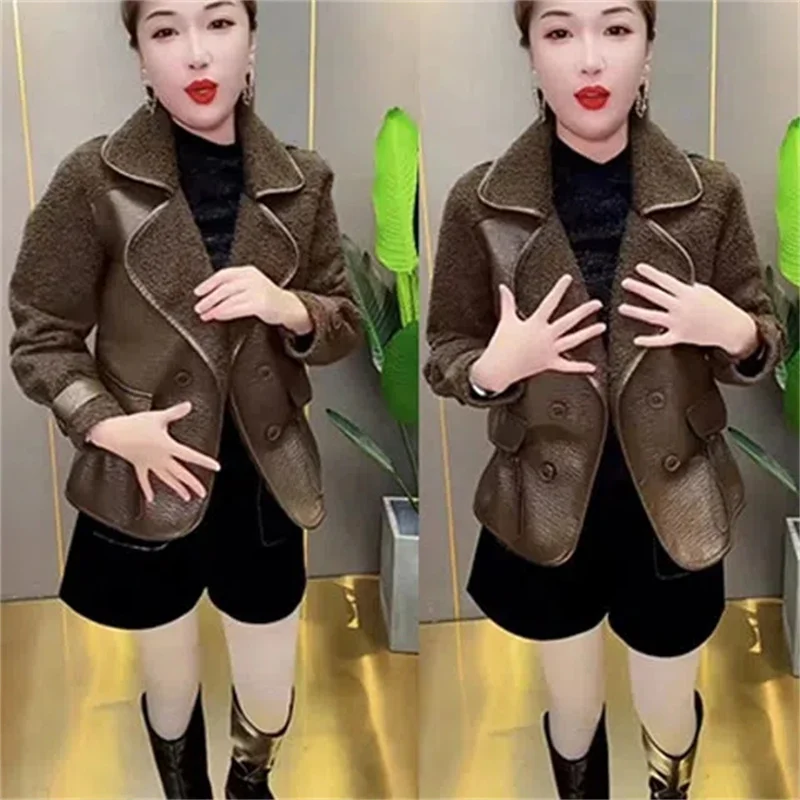 Network Red Fur on Both Sides Wear Leather Loose Coat Women 2022 Winter All Matching Suit Collar Fashion Western Style Top Trend