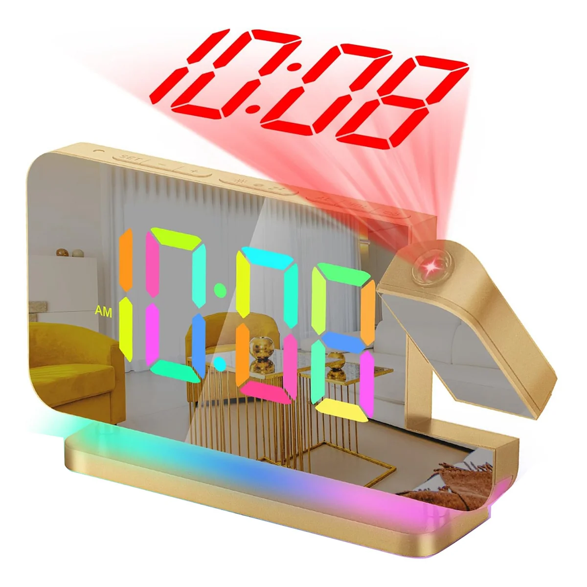 

Projection Alarm Clock,7.4Inch LED Mirror Digital Clocks Large Display,+180°Rotatable Projector,Night Light Gold