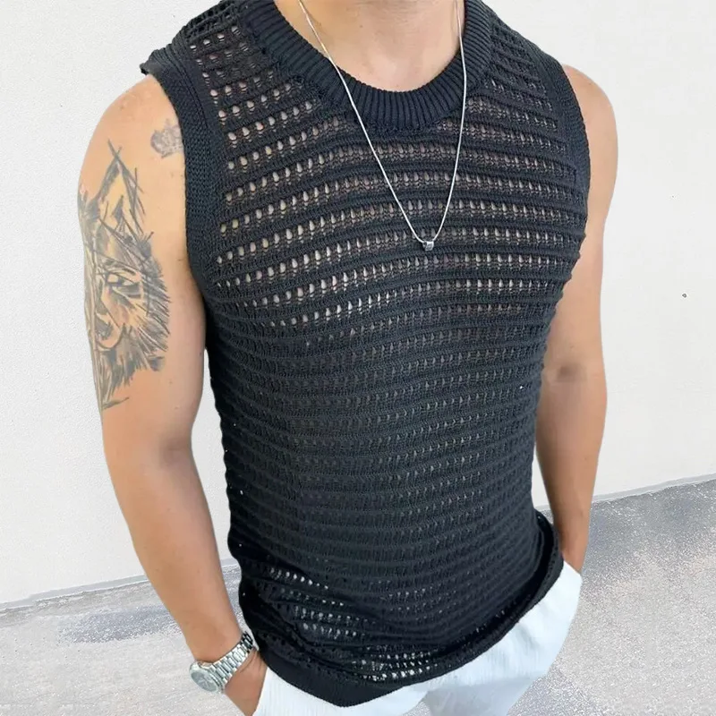 Men's Sweater Vest 2023 Summer New Breathable Solid Color Slim Sleeveless Hollow Knit Vest