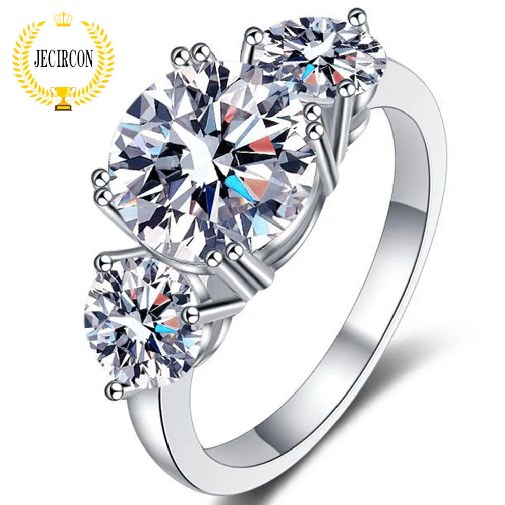 

JECIRCON Women Ring 925 Sterling Silver Platinum-plated Ring Female European and American 3-stone Luxury 3-carat Moissanite Band
