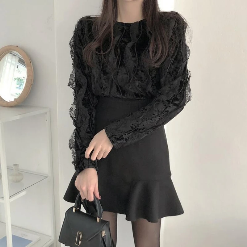 

HOUZHOU Elegant Skirt Sets Womens 2 Piece Sexy High Waist Ruffle Patchwork Mermaid Mini Skirt Lace Top Suit Korean Style Outfit