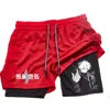 Pantalones cortos de compresión de Anime para hombre, ropa deportiva de verano, 2 en 1, entrenamiento, Fitness 5