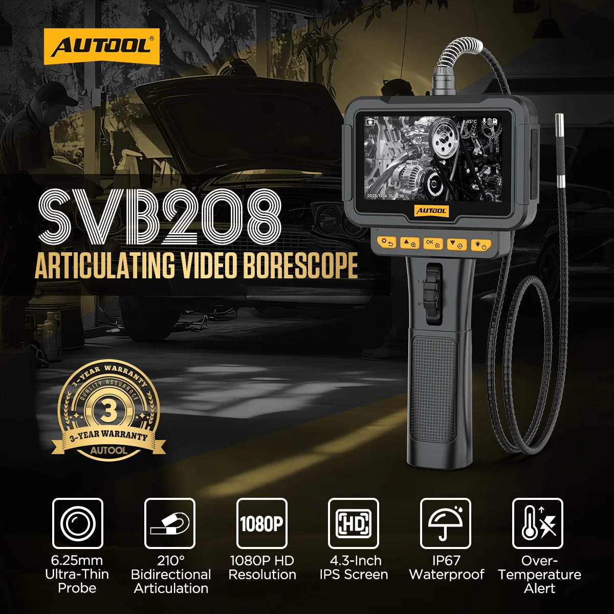 AUTOOL SVB208 210 °   자동차 수리용 스티어링 산업용 내시경 카메라 IP67 방수 6 LED 자동차 검사 도구