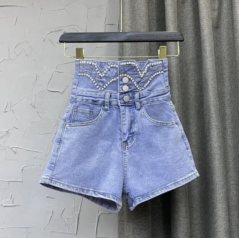 Fashion Beaded High Waist Denim Shorts Women 2022 New Summer Slim Wide Leg Jeans Shorts s16 old navy shorts